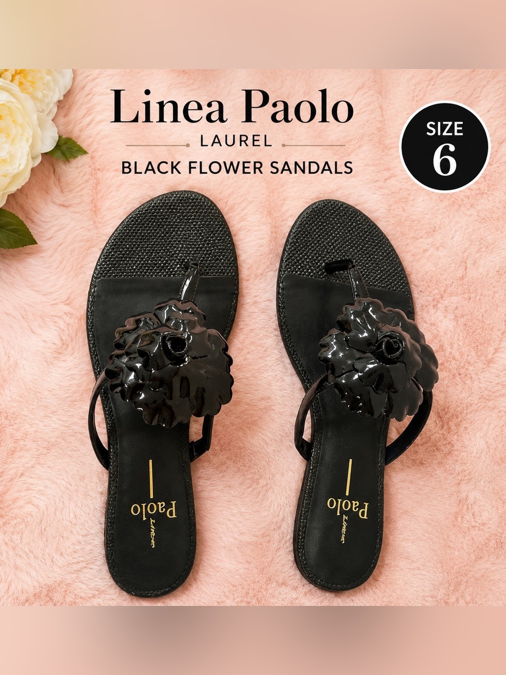 Linea Paolo Laurel black Flower flat comfort feminine casual Sandals/size 6